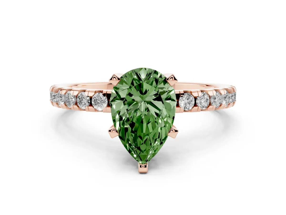 Fancy Green Pear Cut Diamond Solitaire Ring with Round Pavé Band and Four-Prong Setting Rose gold