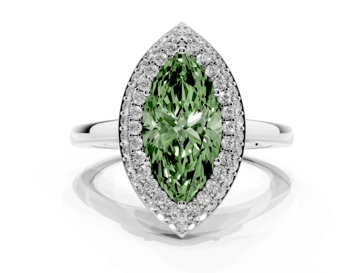 Fancy Green Marquise Cut Halo Diamond Engagement Ring with Solitaire Band and Four-Prong Setting Silver