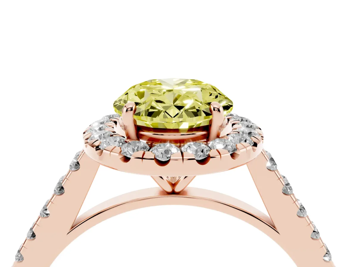 Fancy Yellow Oval Cut Halo Pave Diamond Engagement Ring with Four-Prong Setting Rose gold