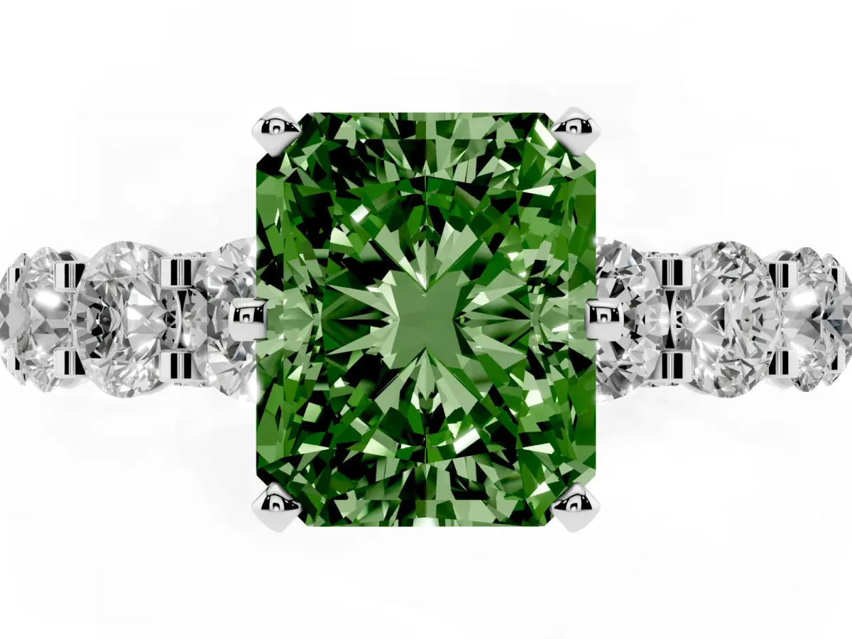 Fancy Green Radiant Cut Diamond Side Stone Engagement Ring with Four-Prong Setting Silver