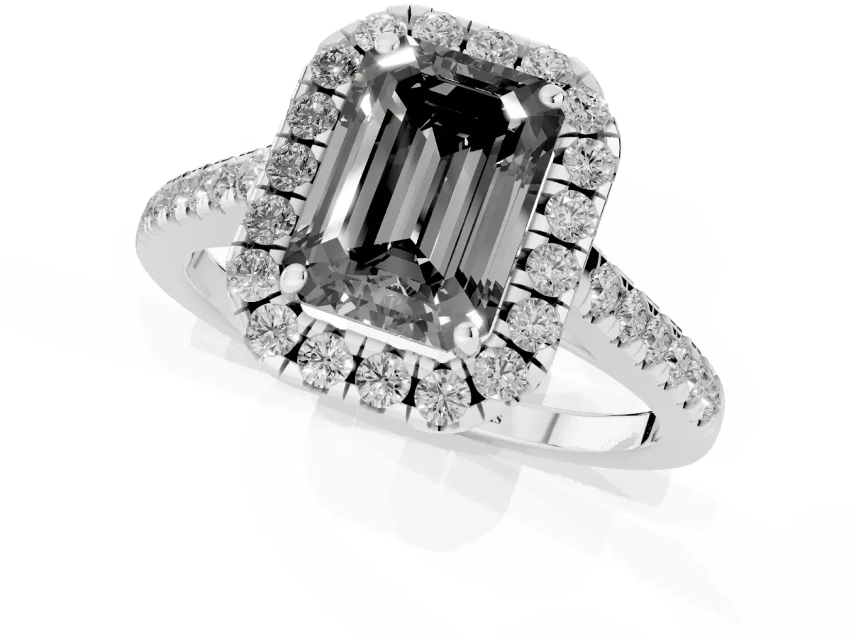 Fancy Black Emerald Cut Halo Pave Diamond Engagement Ring with Four-Prong Setting Silver