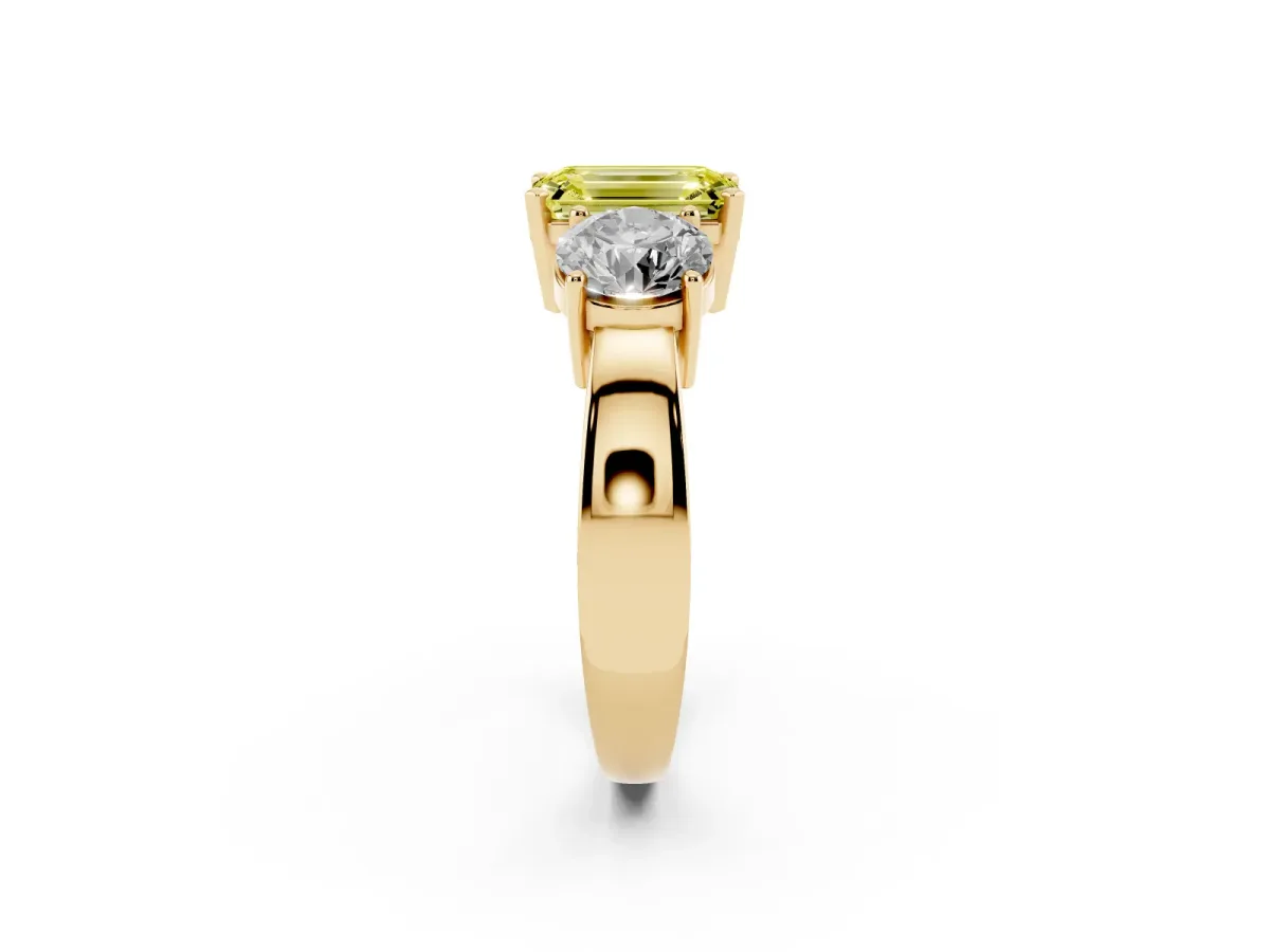 Fancy Yellow Three-Stone Emerald Cut Diamond Ring with Round Side Stones, Classic Band, and Four-Prong Setting Yellow gold