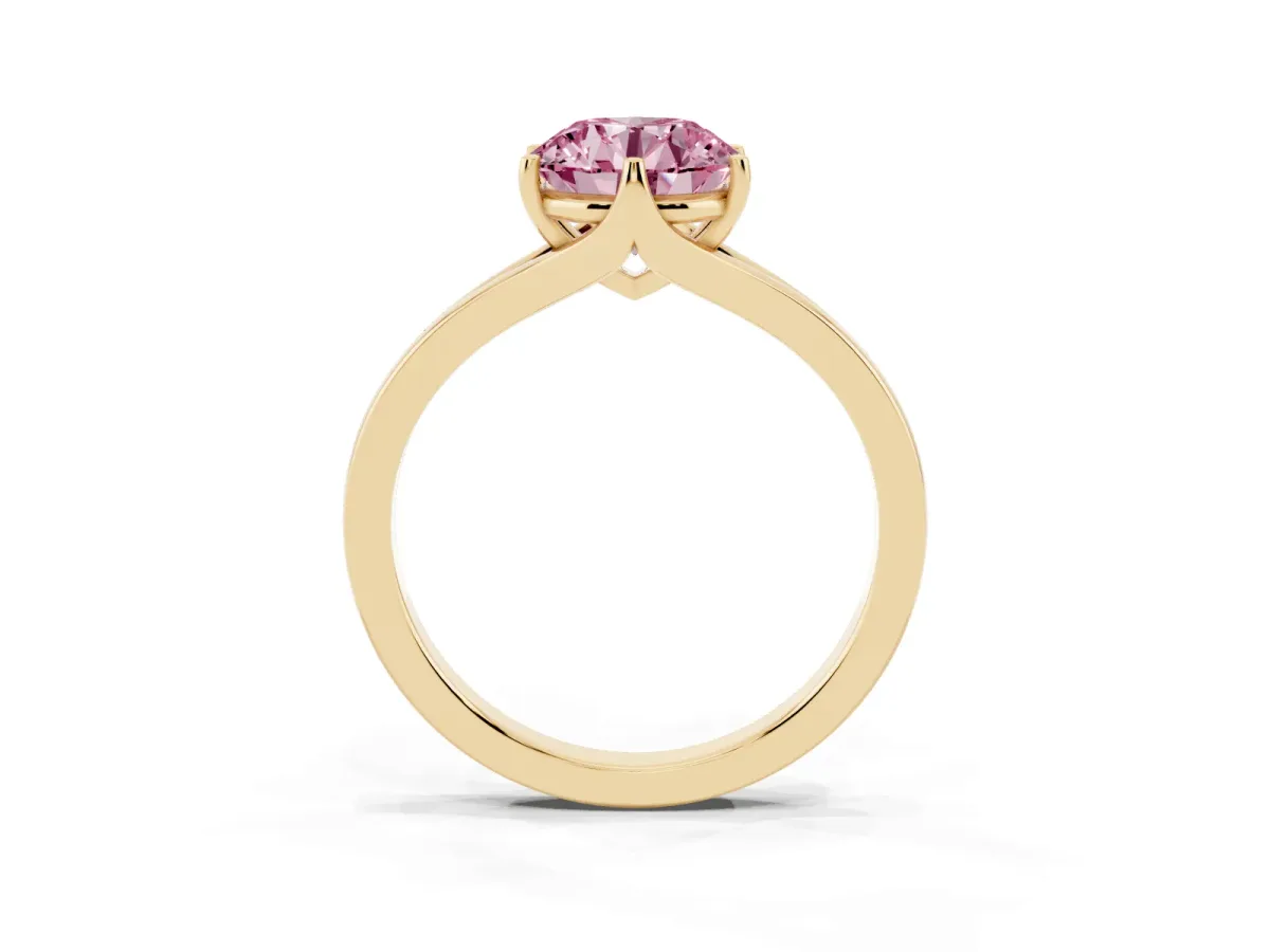 Fancy Pink Round Cut Solitaire Diamond Ring with Six-Prong Setting and Tapered Band Yellow gold
