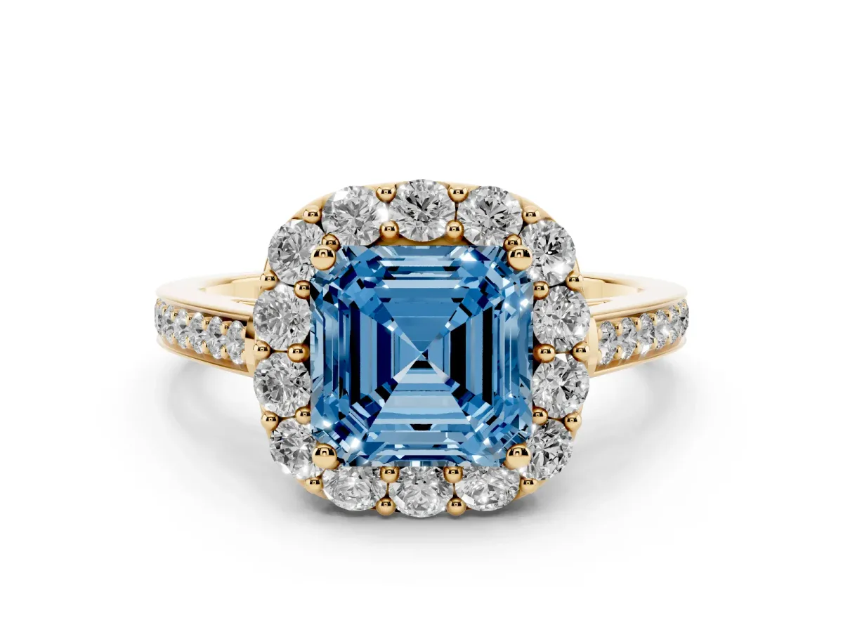 Fancy Blue Asscher Cut Diamond Floral Halo Ring with Pavé Band and Prong Setting Yellow gold