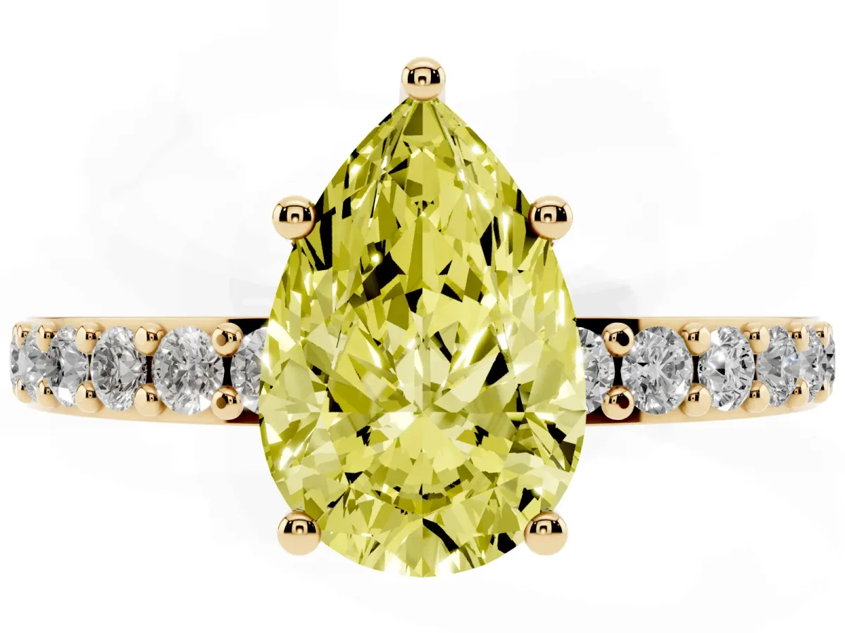 Fancy Yellow Pear Cut Cut Diamond Solitaire with Pave Band and Four-Prong Setting Yellow gold