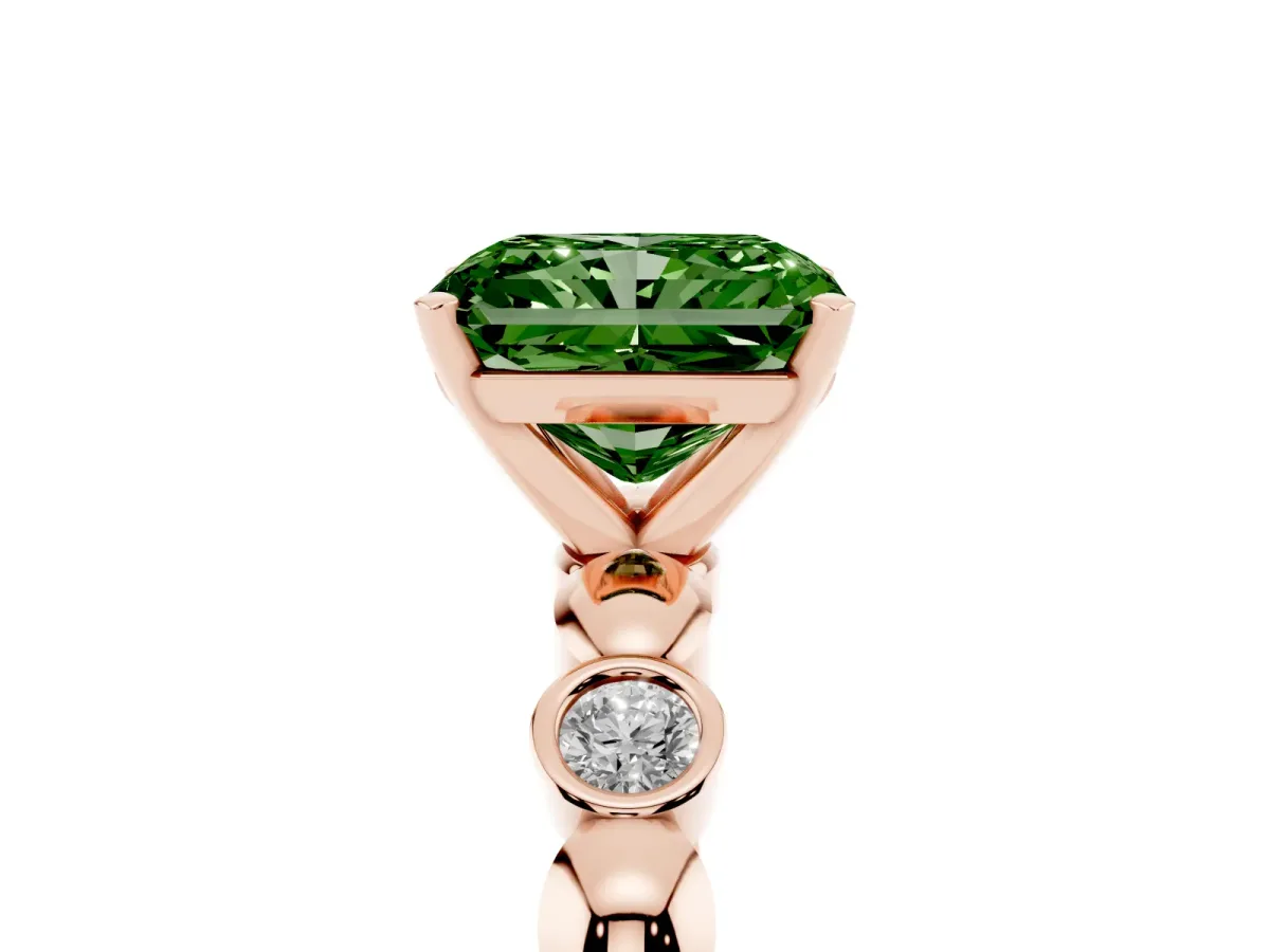 Fancy Green Radiant Cut Solitaire Bezel-Set Diamond Ring with Beaded Band and Four-Prong Setting Rose gold