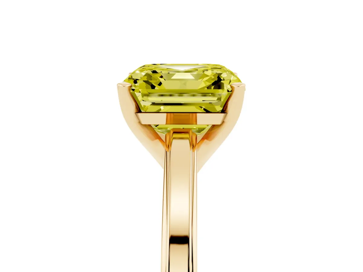 Fancy Yellow Asscher Cut Solitaire Diamond Ring with Four-Prong Setting and Classic Band Yellow gold