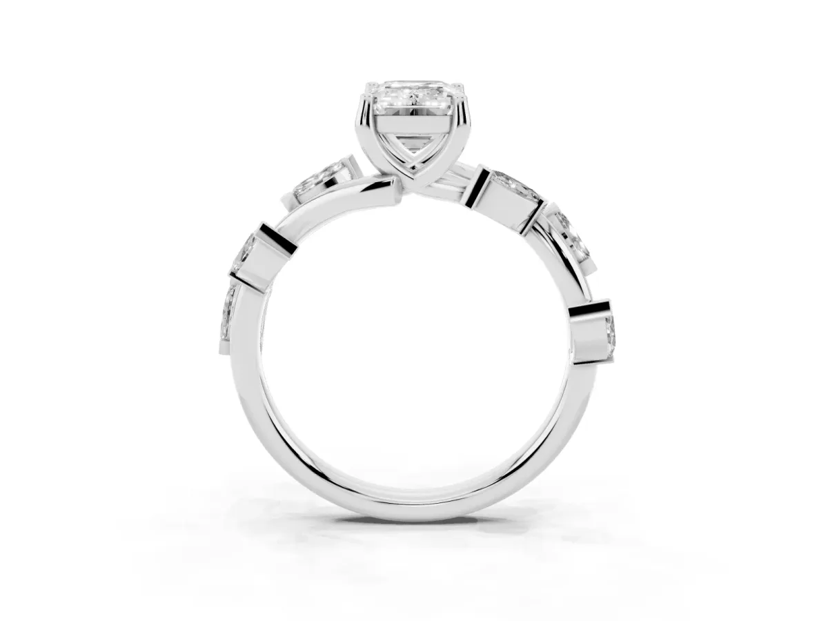 Emerald Cut Solitaire Twisted Band Marquise Accent Prong Setting Ring Silver