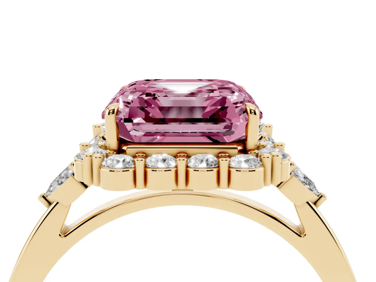 Fancy Pink Asscher Cut Diamond Halo Ring with Pear Side Stones and Prong Setting Yellow gold