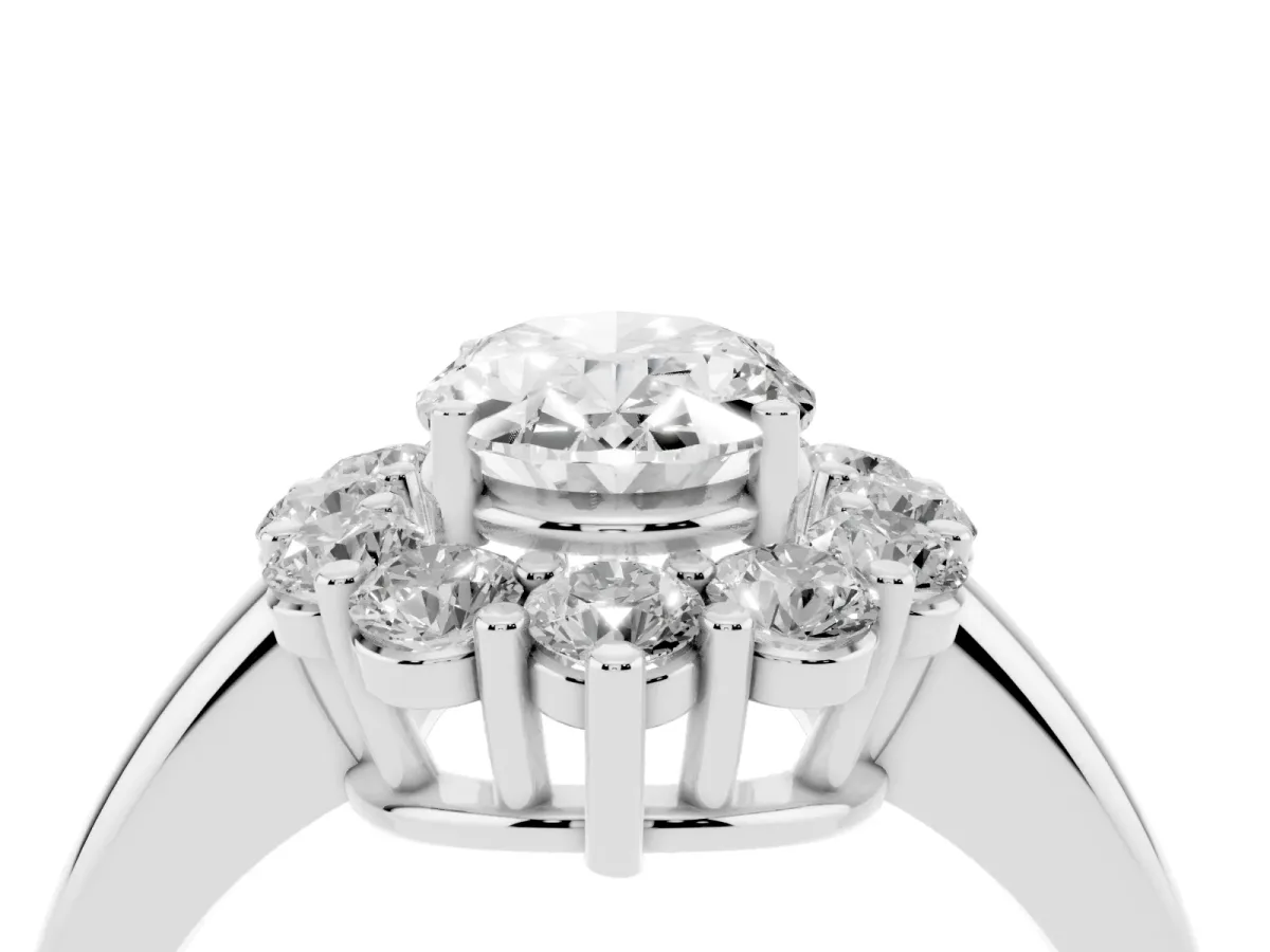 Oval Cut Halo Cluster Diamond Engagement Ring with Prong Setting and Polished Band Platinum