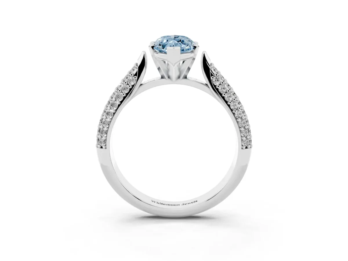 Fancy Blue Marquise Cut Diamond Solitaire Engagement Ring with Multi-Row Round Pavé Band and Prong Setting Silver