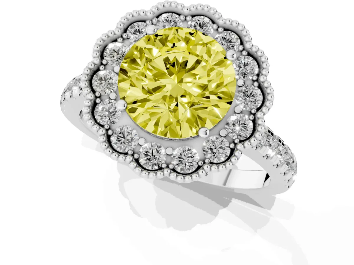Fancy Yellow Round Cut Cut Diamond Milgrain Floral Halo Engagement Ring with Pavé Band Platinum