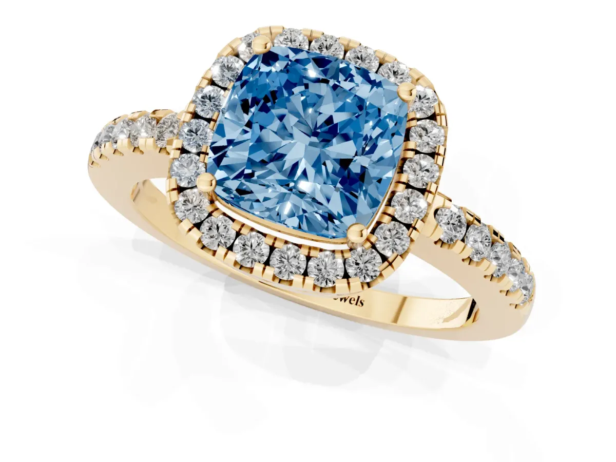 Fancy Blue Cushion Cut Halo Diamond Engagement Ring with Pavé Band and Four-Prong Setting Yellow gold