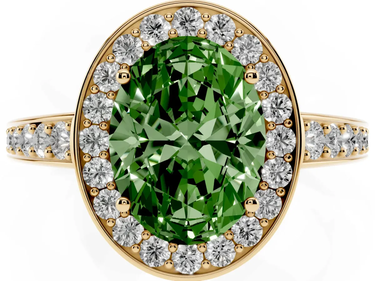 Fancy Green Oval Cut Halo Pavé Diamond Engagement Ring with Bezel Setting Yellow gold
