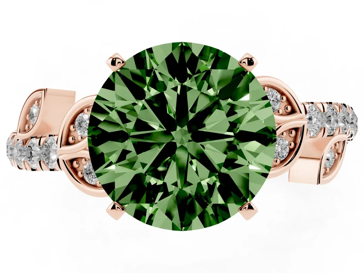 Fancy Green Round Cut Solitaire Leaf-Inspired Diamond Ring with Pavé Band and Four-Prong Setting Rose gold