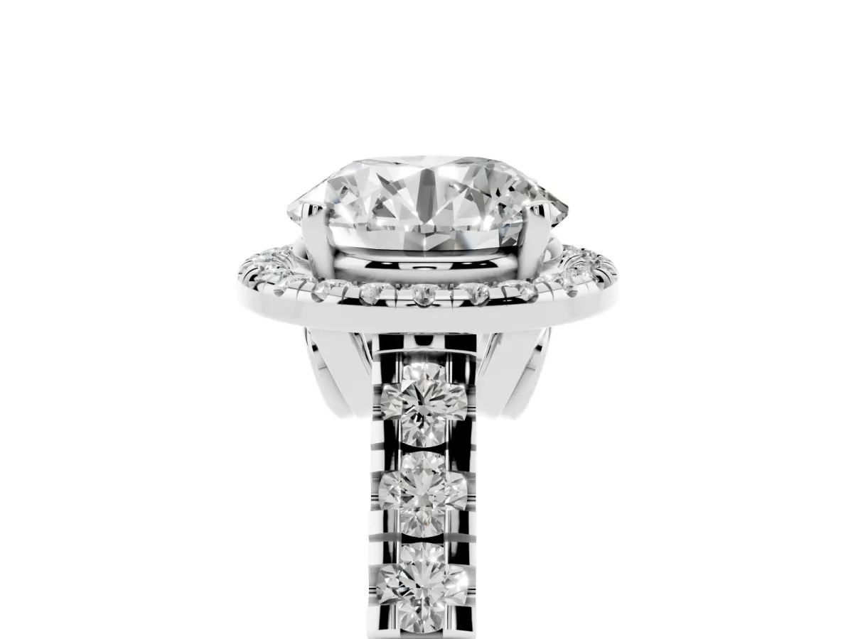 Round Cut Halo Pavé Diamond Engagement Ring with Four-Prong Setting Silver