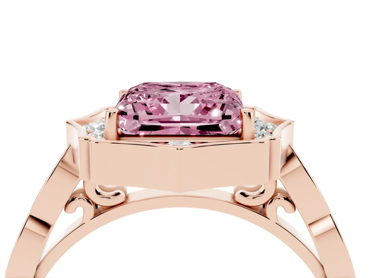 Fancy Pink Princess Cut Halo Diamond Engagement Ring with Milgrain Band and Four-Prong Setting Rose gold