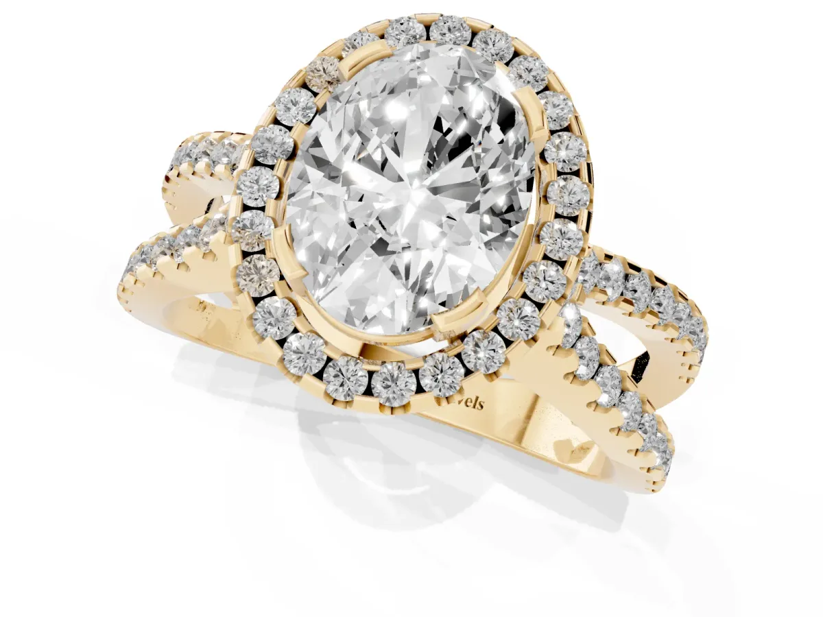 Oval Cut Diamond Halo Ring with Split Shank Pavé Band and Prong Setting Yellow gold