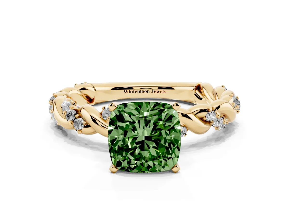 Fancy Green Cushion Cut Diamond Solitaire Ring with Twisted Band and Pavé Accents Yellow gold