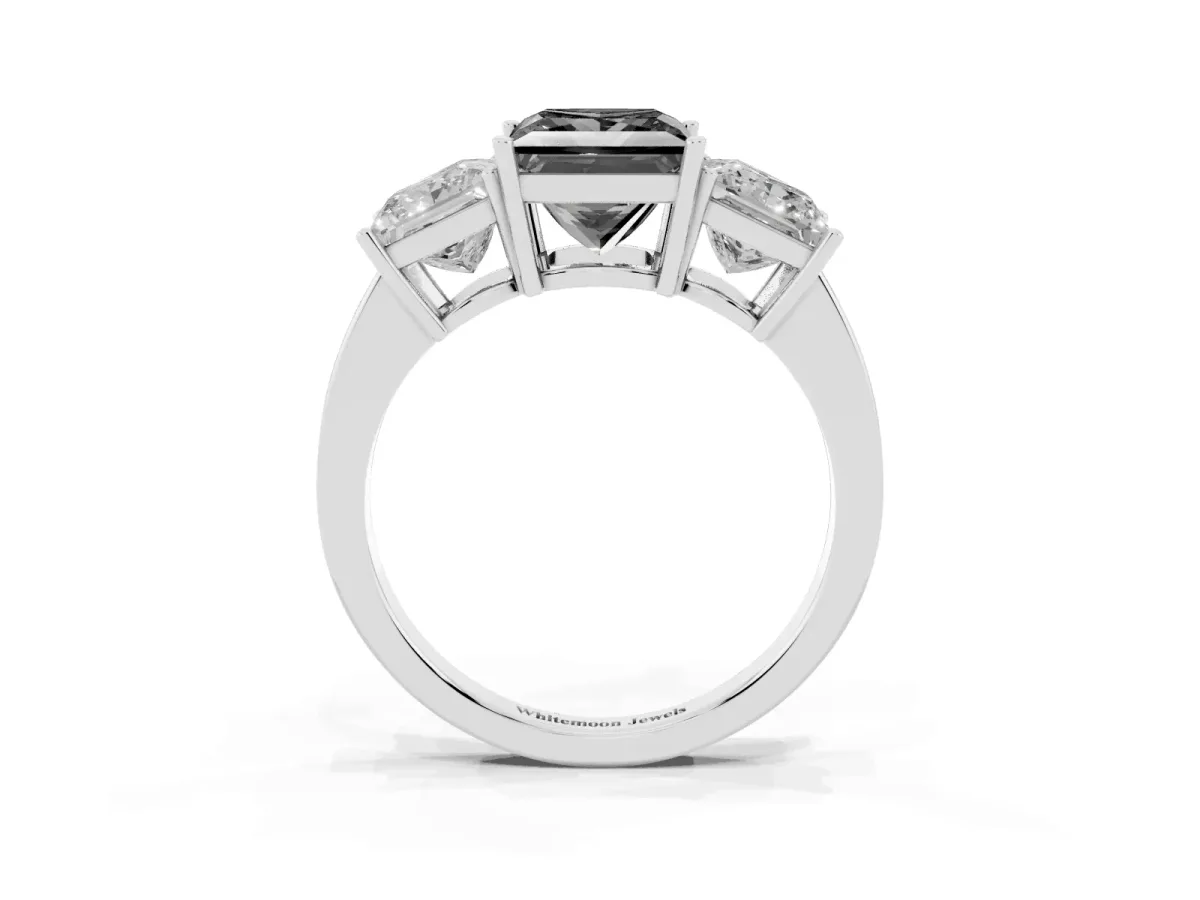 Fancy Black Three-Stone Princess Cut Cut Diamond Engagement Ring with Flat Band and Four-Prong Setting Silver