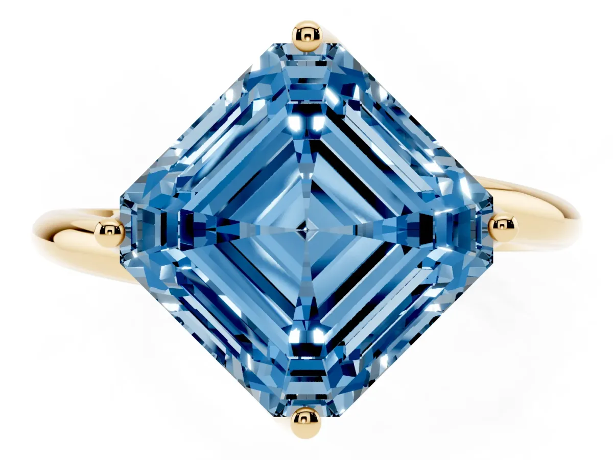Fancy Blue Asscher Cut Diamond Solitaire Engagement Ring with Four-Prong Setting and Classic Band Yellow gold