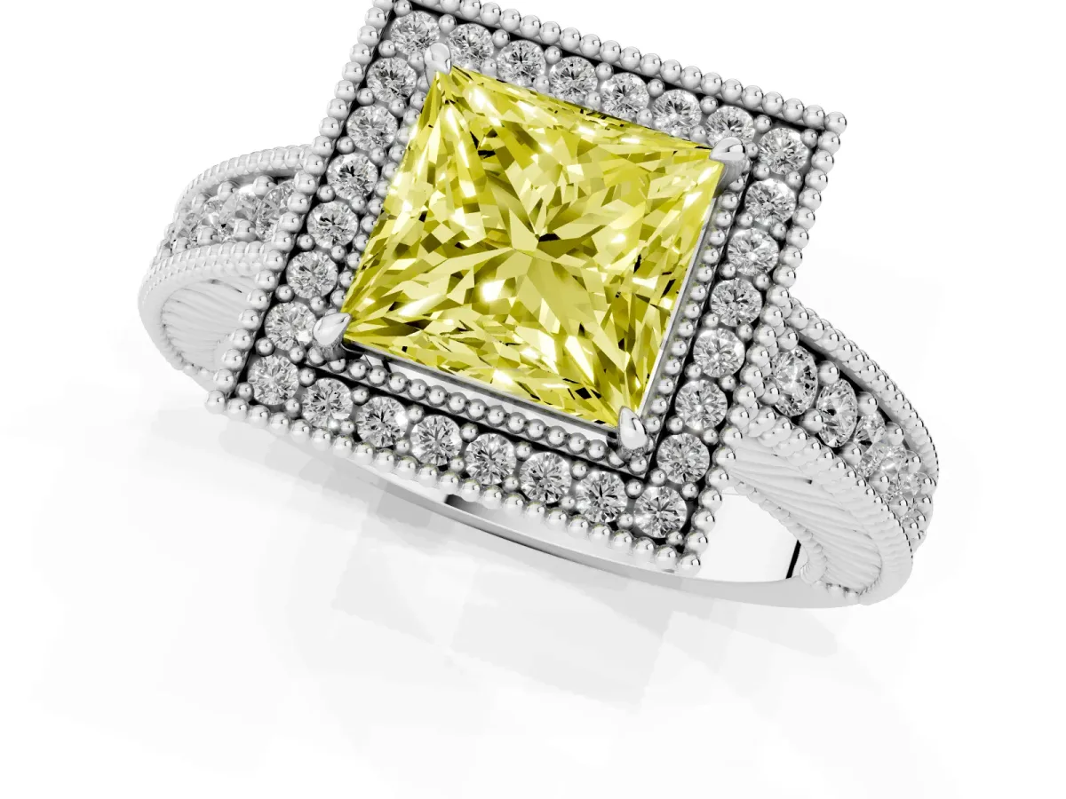 Fancy Yellow Princess Cut Cut Halo Diamond Ring with Pavé Band and Four-Prong Setting White gold