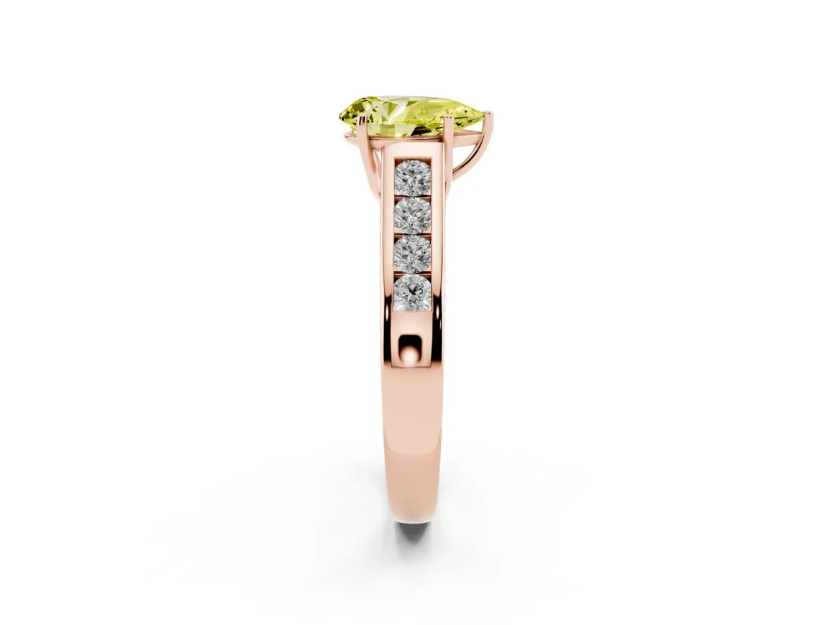 Fancy Yellow Pear Cut Solitaire Channel-Set Diamond Engagement Ring with Four-Prong Setting Rose gold