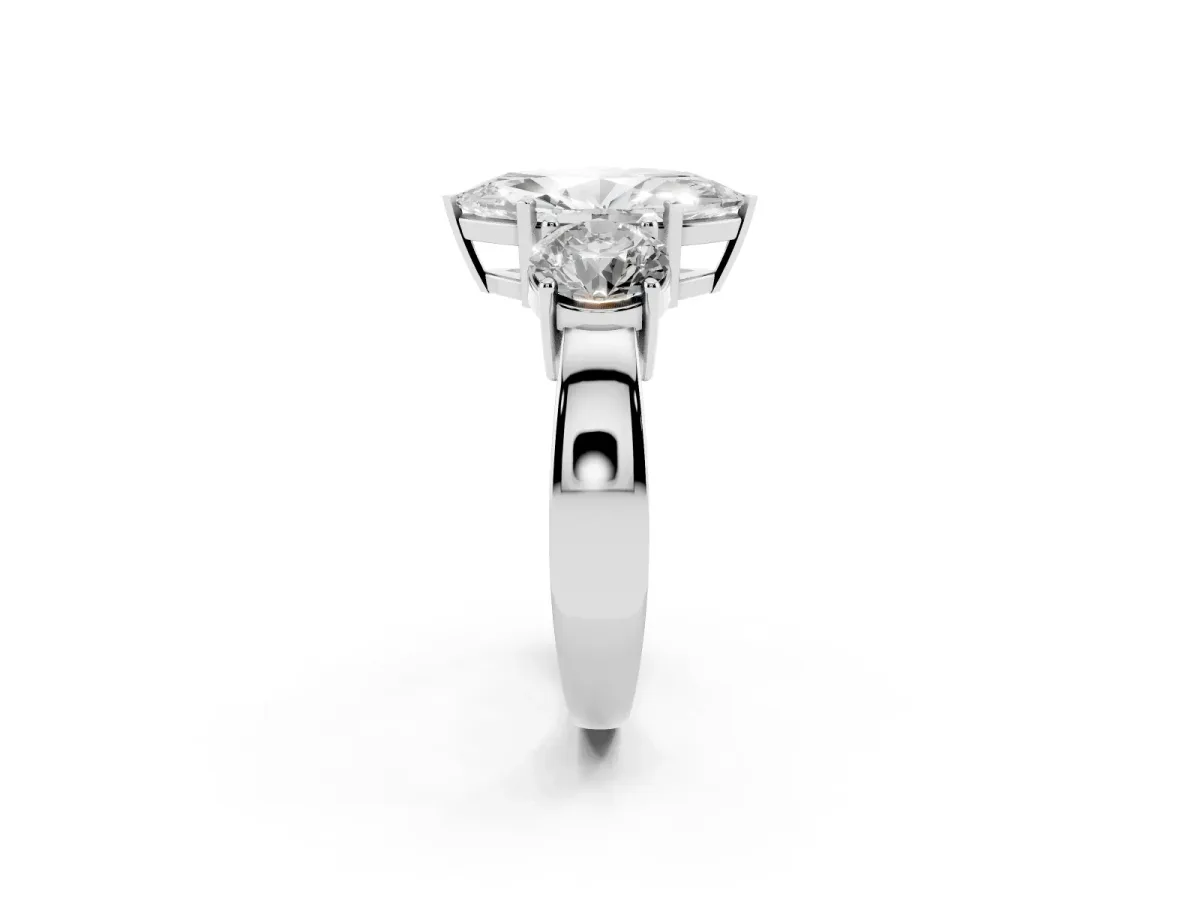 Three-Stone Marquise Cut Diamond Ring with Round Side Stones, Classic Band, and Four-Prong Setting Silver