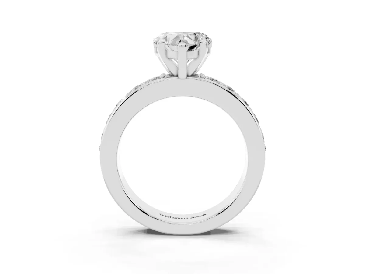 Heart Cut Diamond Engagement Ring with Channel Set Round Band and Prong Setting Silver