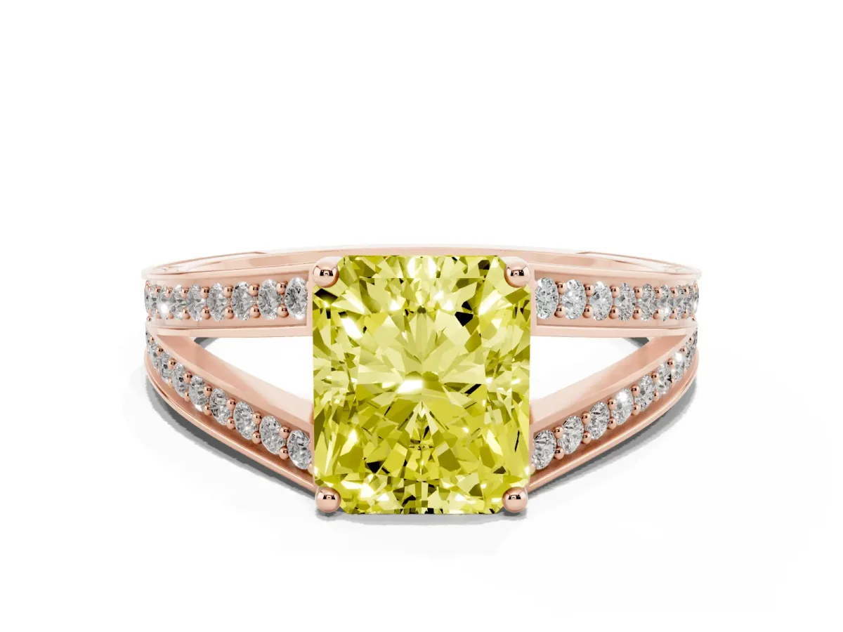 Fancy Yellow Radiant Cut Diamond Split Shank Ring with Pavé Band and Four-Prong Setting Rose gold