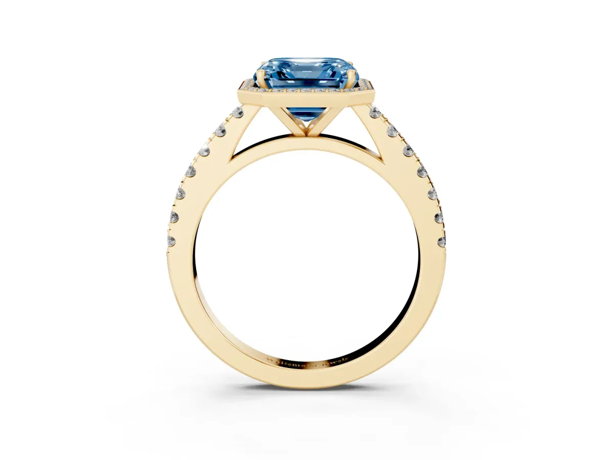 Fancy Blue Asscher Cut Cut Halo Diamond Engagement Ring with Pave Band and Four-Prong Setting Yellow gold