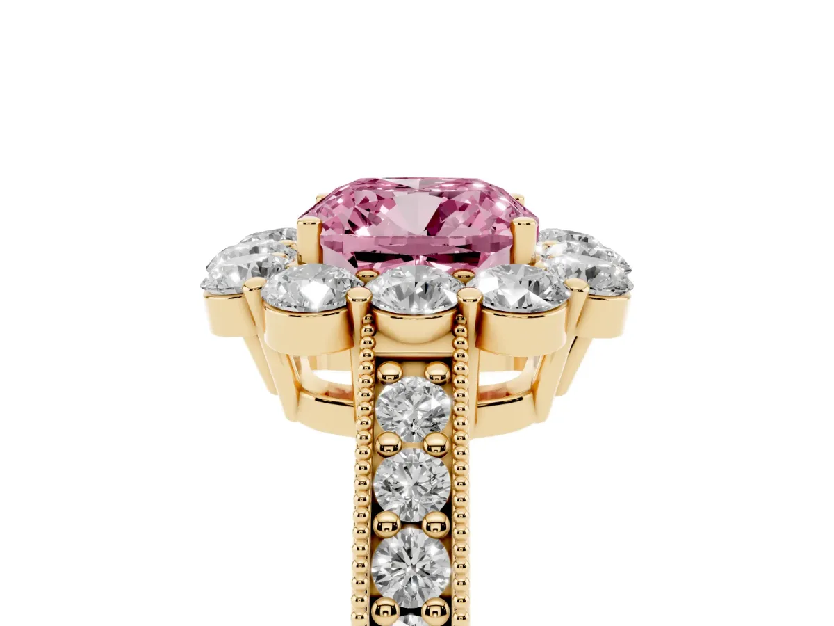 Fancy Pink Cushion Cut Cut Halo Diamond Pavé Engagement Ring with Milgrain Detailing Yellow gold