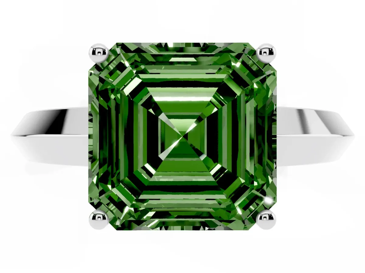Fancy Green Asscher Cut Cut Solitaire Engagement Ring with Flat Band and Four-Prong Setting Platinum