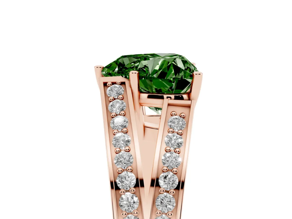 Fancy Green Heart Cut Diamond Split Shank Ring with Pavé Band and Four-Prong Setting Rose gold