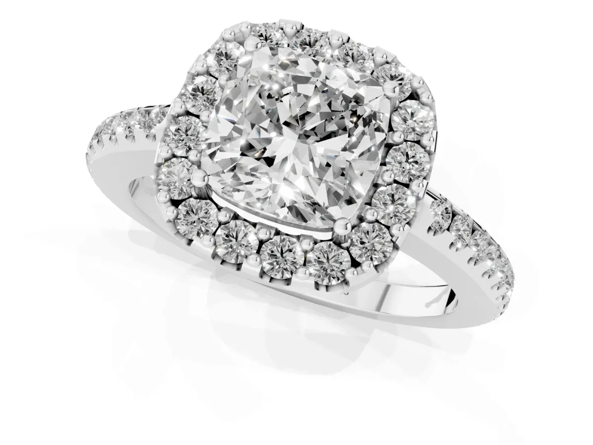 Cushion Cut Diamond Pavé Halo Ring with Four-Prong Setting Silver