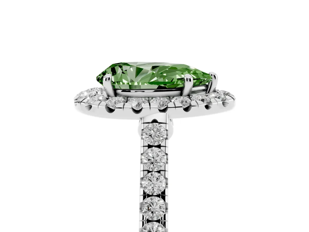 Fancy Green Pear Cut Halo Pave Diamond Engagement Ring with Four-Prong Setting Silver