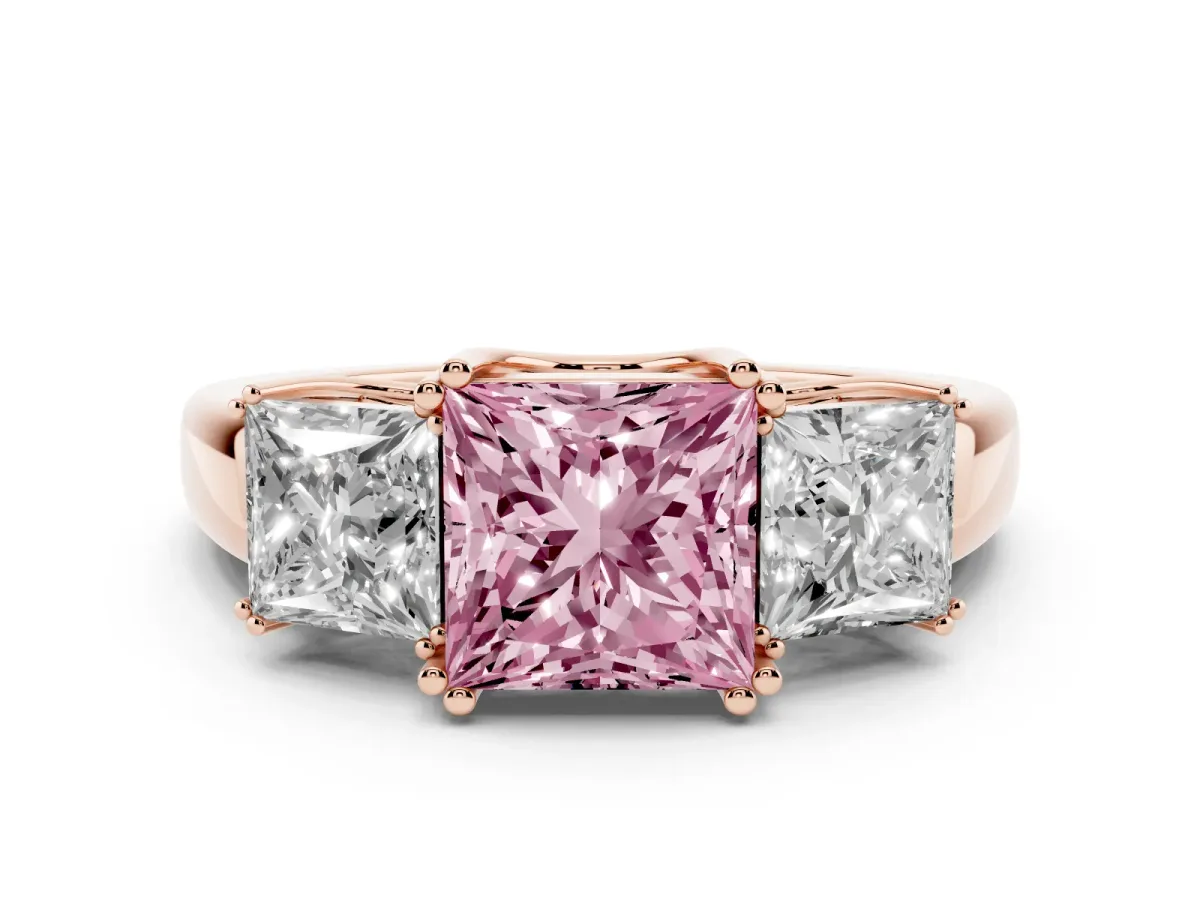 Fancy Pink Three-Stone Princess Cut Cut Diamond Ring with Channel Set Band and Four-Prong Setting Rose gold