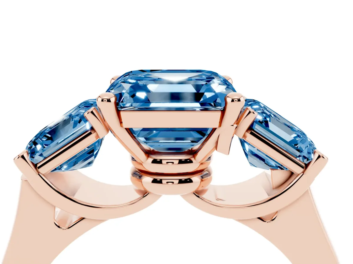 Fancy Blue Three-Stone Asscher Cut Brilliant Diamond Trellis Ring with Comfort Fit Band Rose gold