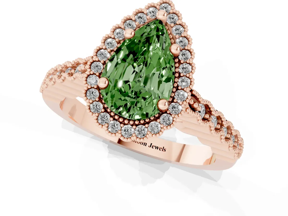 Fancy Green Pear Cut Cut Halo Pavé Solitaire Ring with Milgrain Band Rose gold