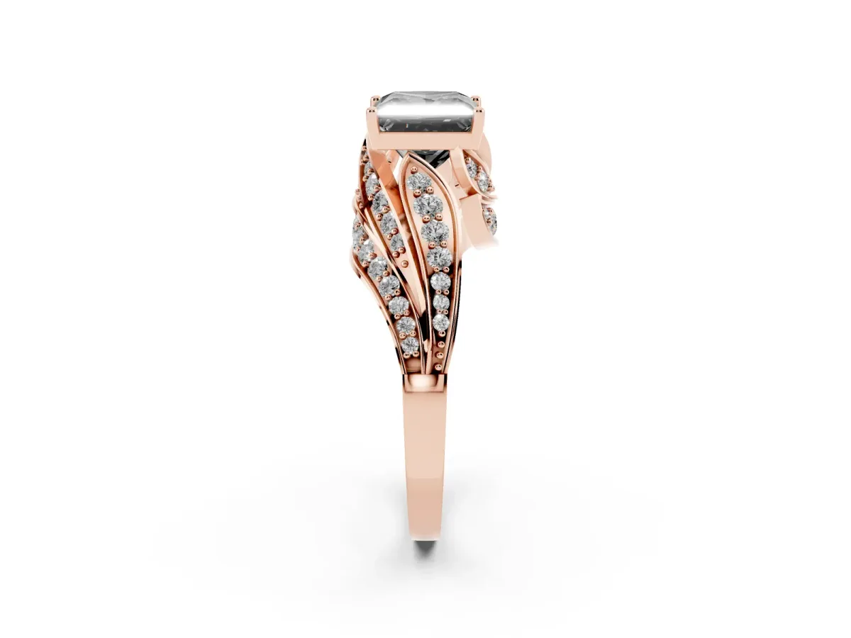 Fancy Black Princess Cut Diamond Solitaire Ring with Prong Setting and Twisted Pavé Band Rose gold