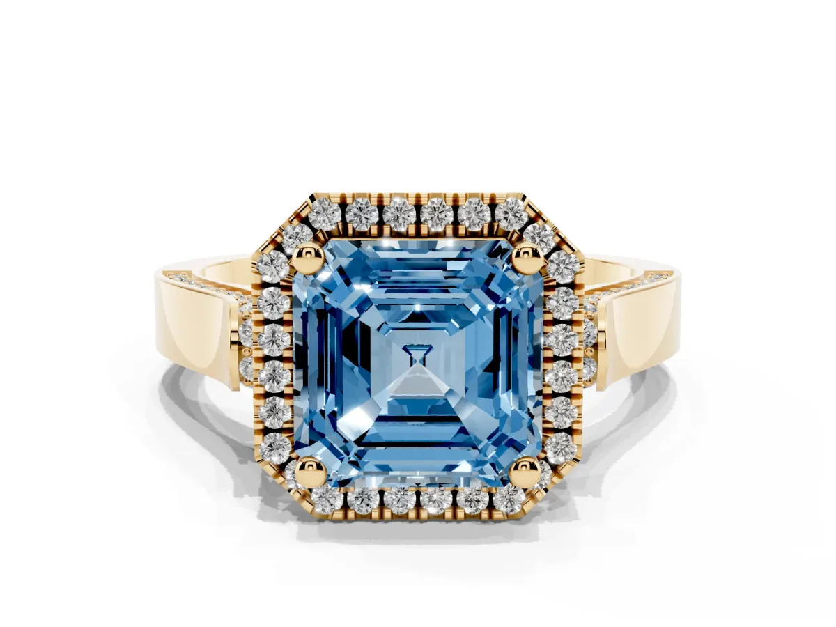 Fancy Blue Asscher Cut Halo Pave Split Shank Prong Setting Ring Yellow gold