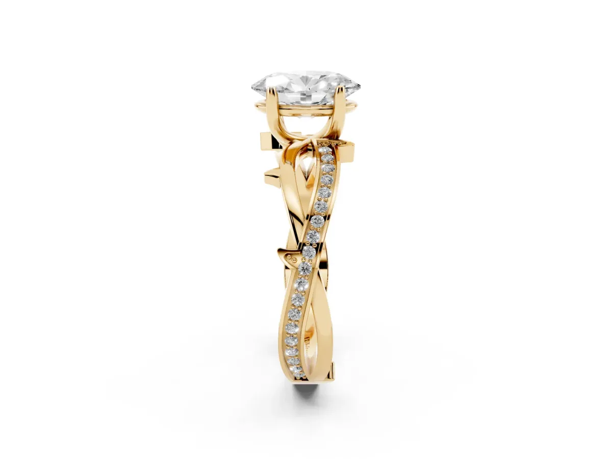 Oval Cut Solitaire Twist Band with Pavé Accents and Four-Prong Setting Yellow gold