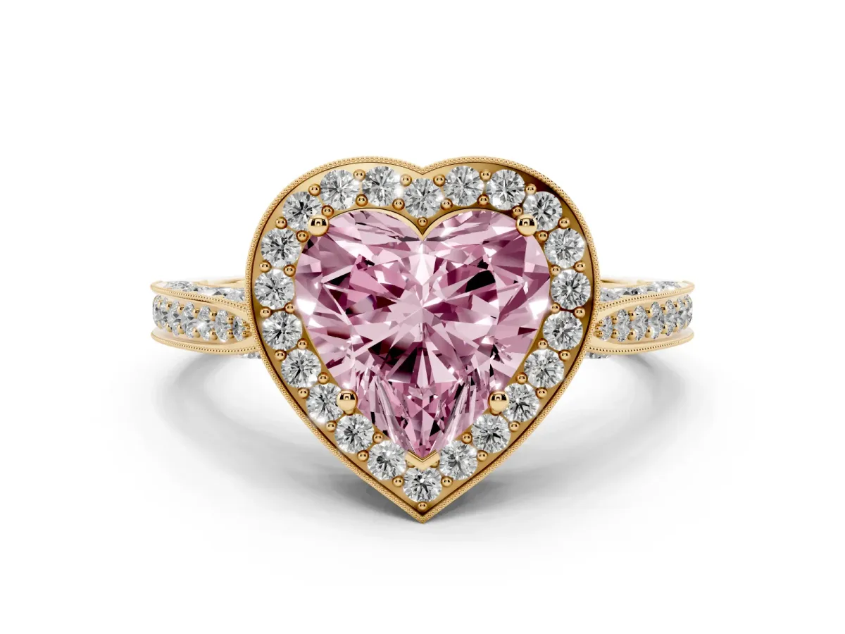 Fancy Pink Heart Cut Halo Diamond Engagement Ring with Split Shank Band and Four-Prong Setting Yellow gold