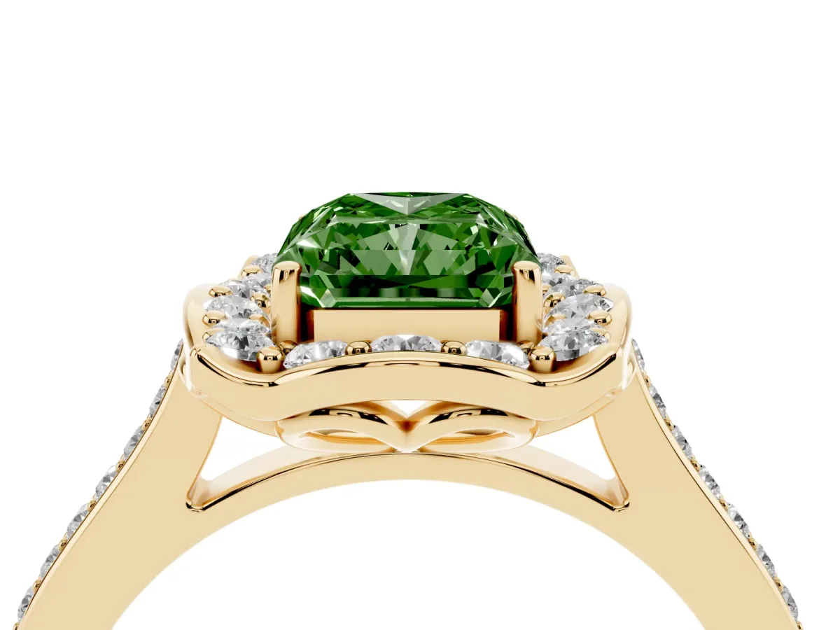 Fancy Green Radiant Cut Halo Round Diamond Pave Band with Four-Prong Setting Yellow gold