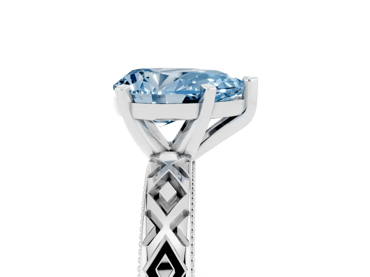 Fancy Blue Pear Cut Solitaire Diamond Ring with Milgrain and Black Enamel X Pattern Band Silver