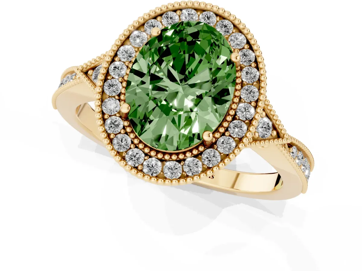 Fancy Green Oval Cut Halo Round Diamond Milgrain Pave Engagement Ring Yellow gold