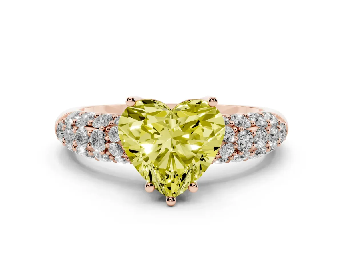Fancy Yellow Heart Cut Diamond Pavé Band Solitaire Ring with Four-Prong Setting Rose gold