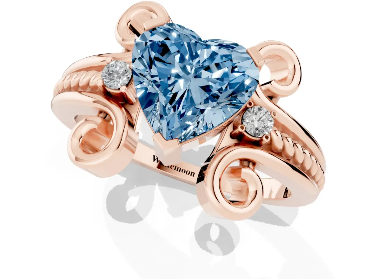 Fancy Blue Heart Cut Solitaire Twisted Band Scroll Prong Ring Rose gold