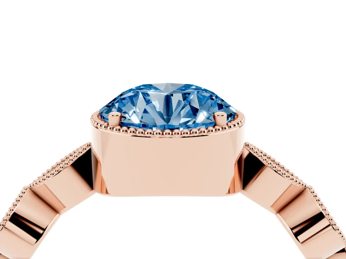Fancy Blue Round Cut Diamond Vintage Milgrain Ring with Round Stations Rose gold