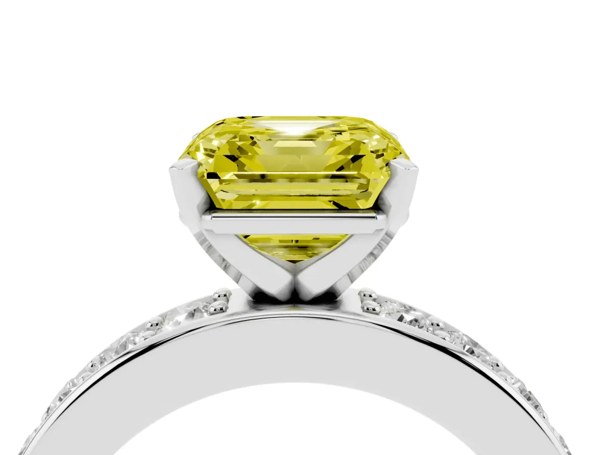 Fancy Yellow Asscher Cut Diamond Engagement Ring with Channel Set Round Band and Prong Setting White gold